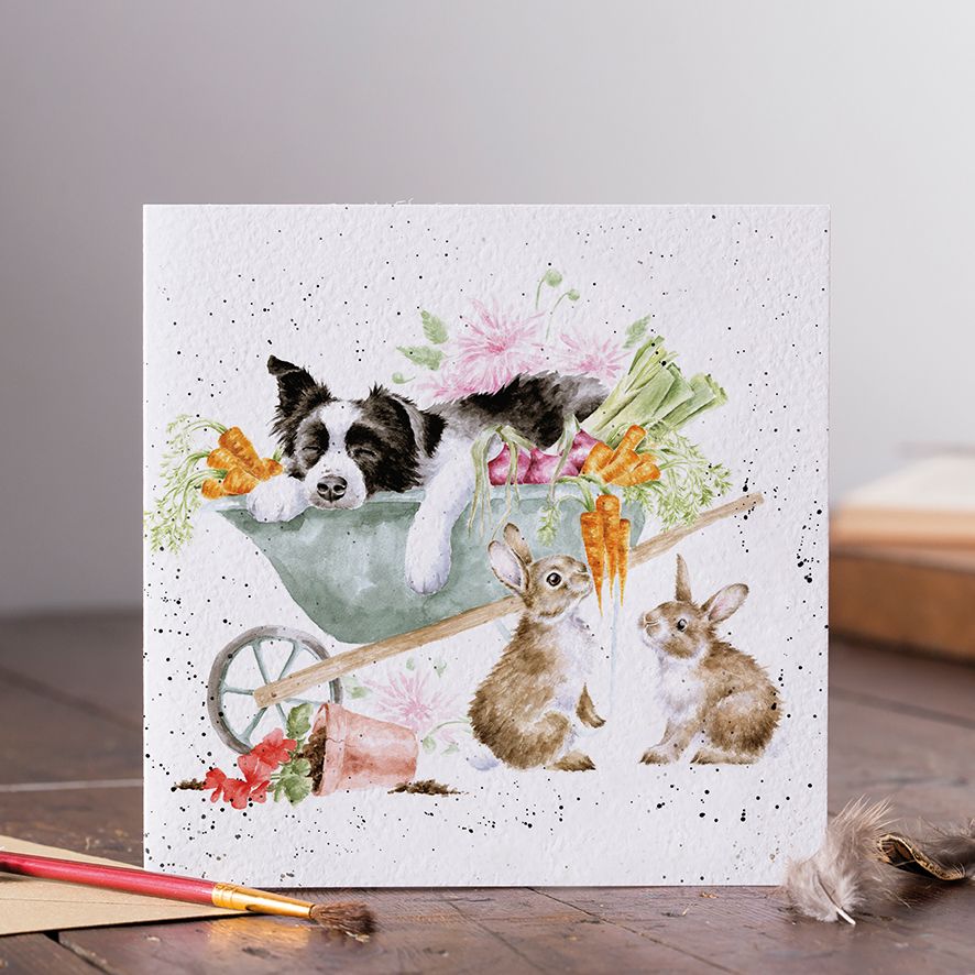 'SLEEPING ON THE JOB' COLLIE AND RABBIT CARD